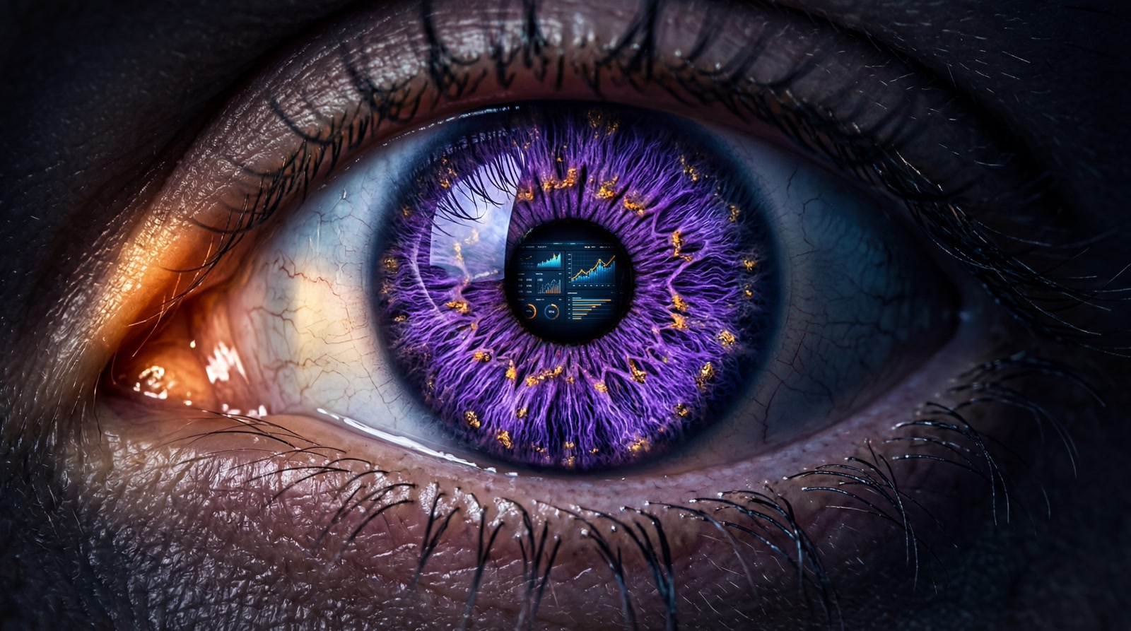 Cinematic macro of human eye with AI data reflected in iris