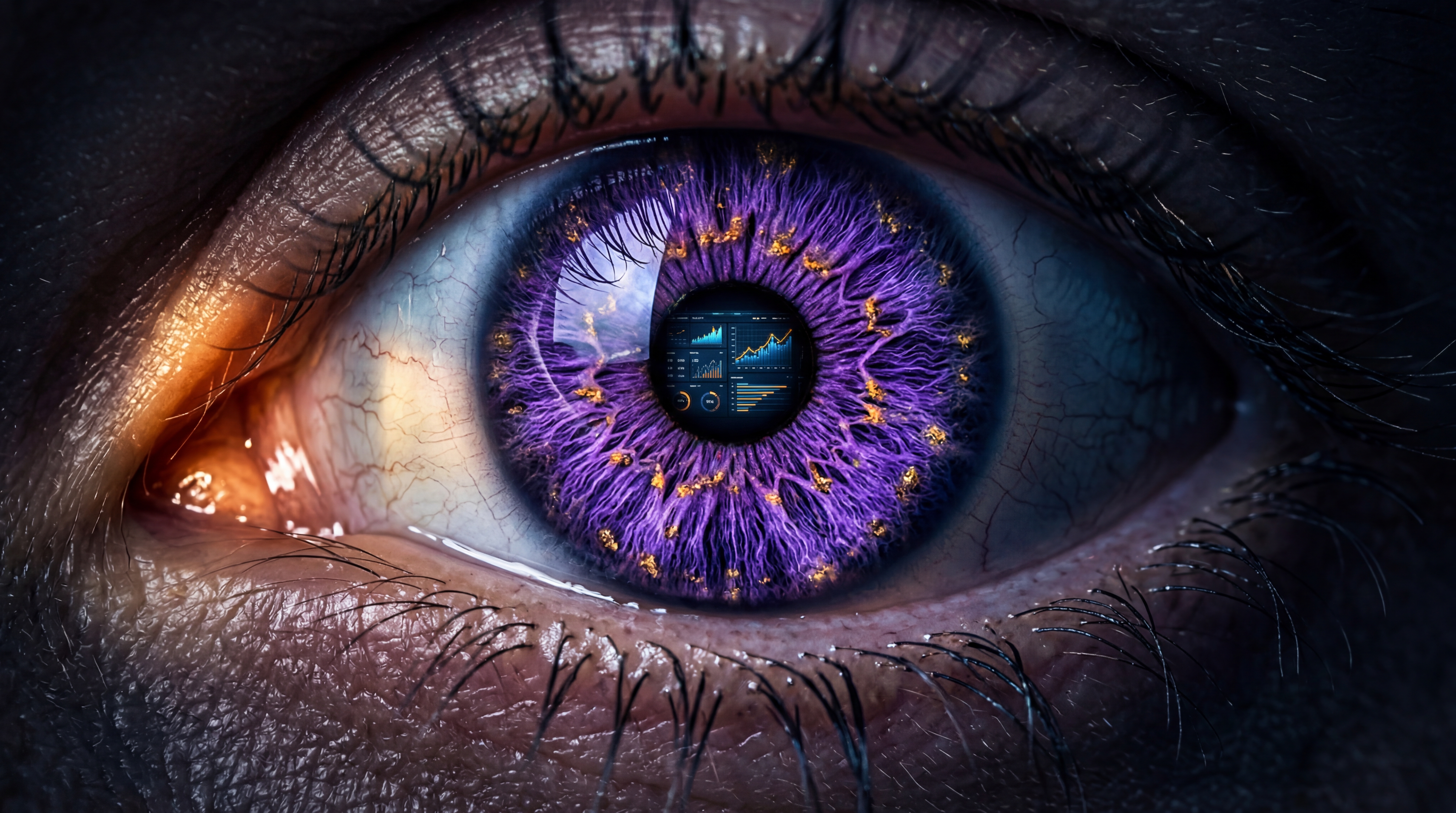 Cinematic macro of human eye with AI data reflected in iris
