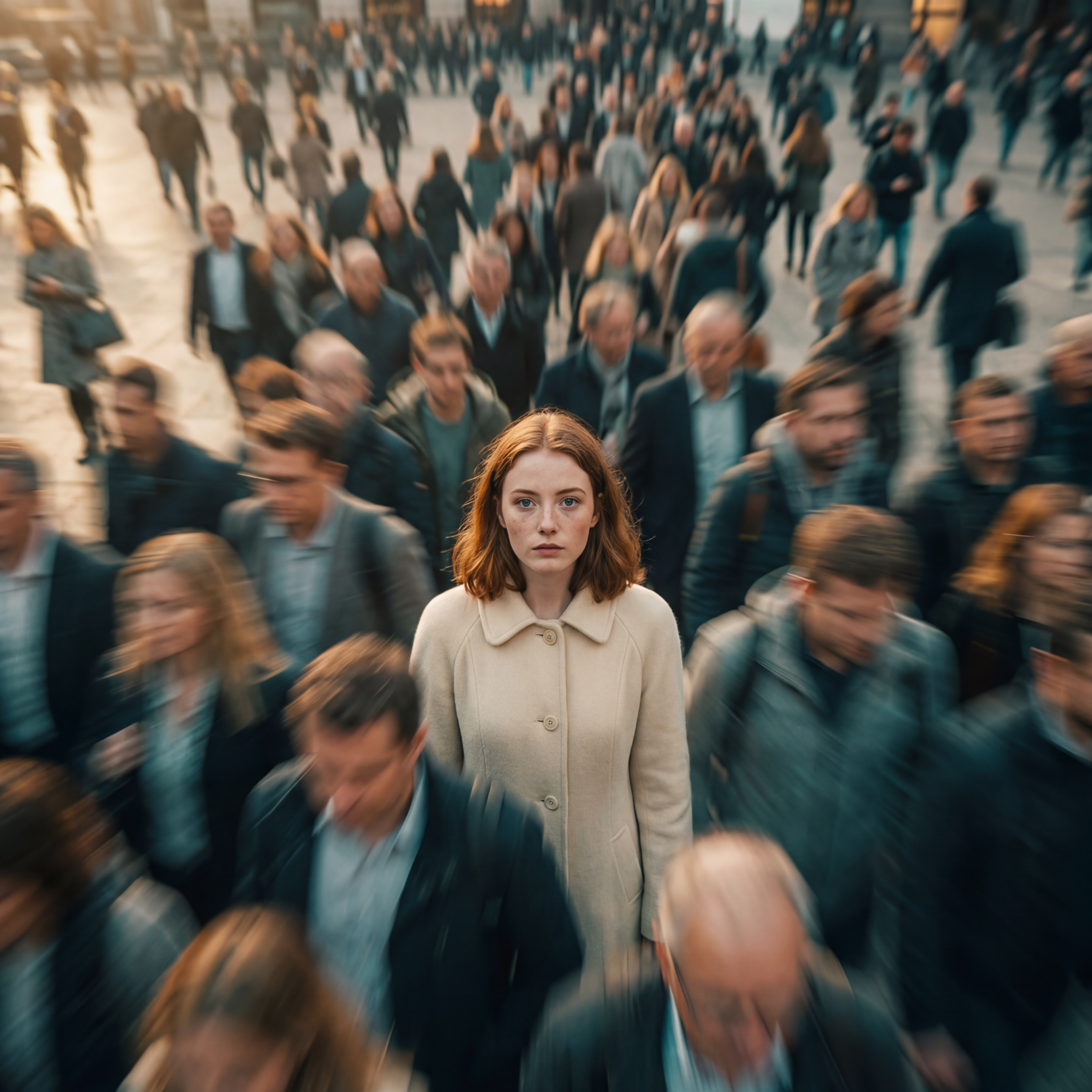 Girl standing still in motion-blurred crowd