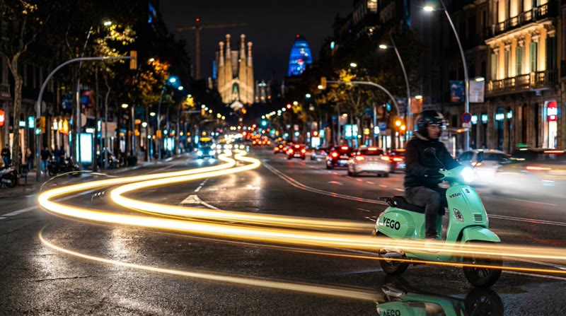 Barcelona night with light trails and Yego scooter
