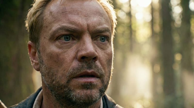 Cinematic closeup of man in forest