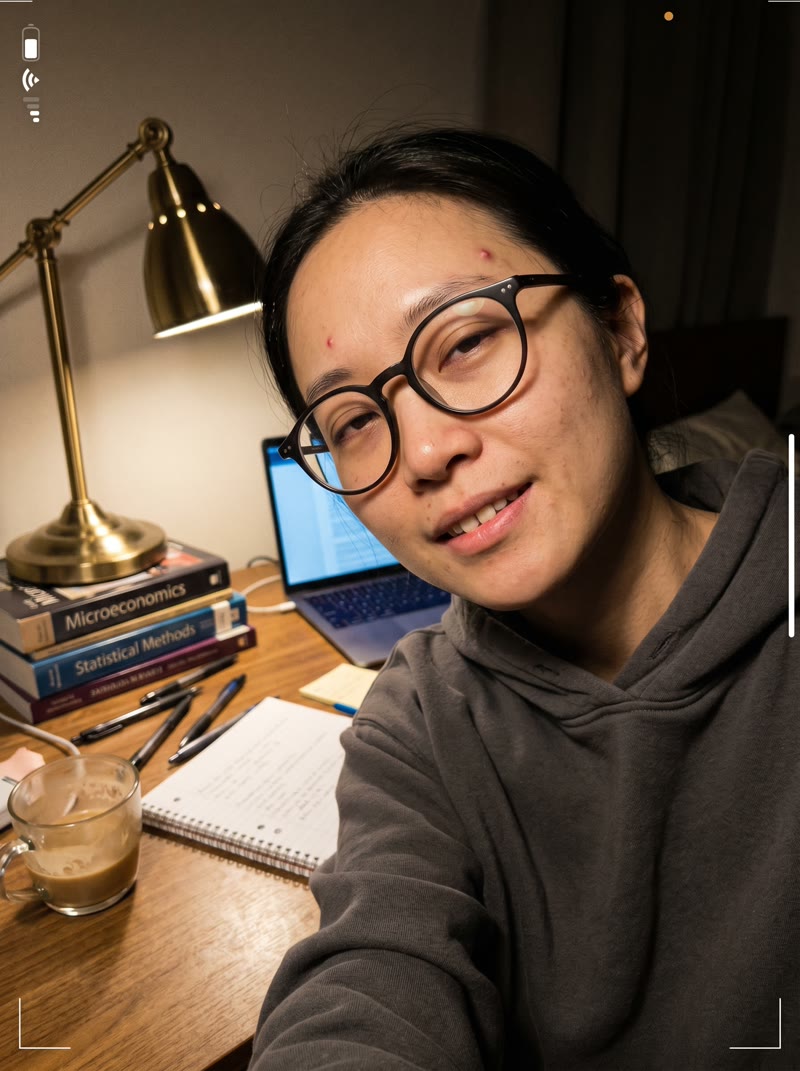 AI character — Asian woman studying late at night