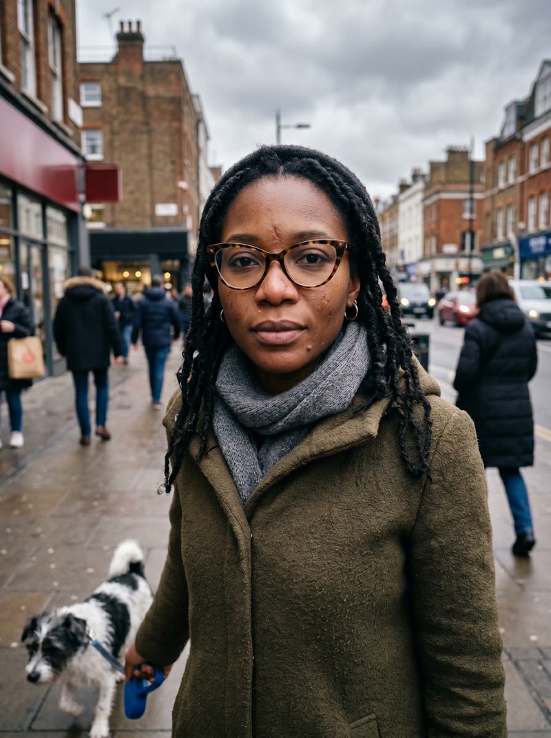 AI character — Black woman with dog on a London street