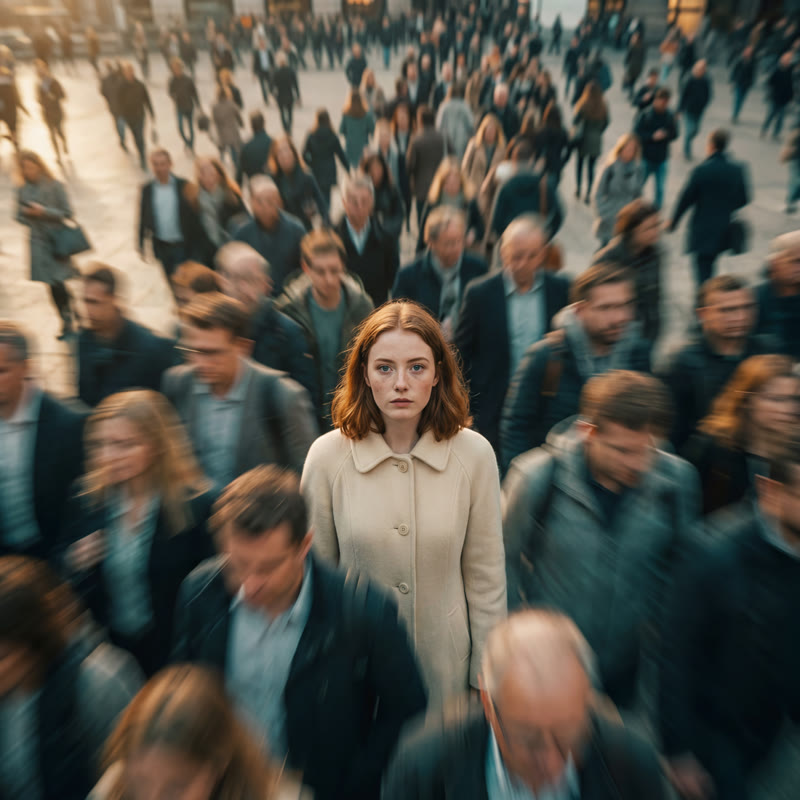Girl standing still in motion-blurred crowd
