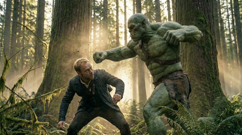 VFX-quality orc fighting man in forest