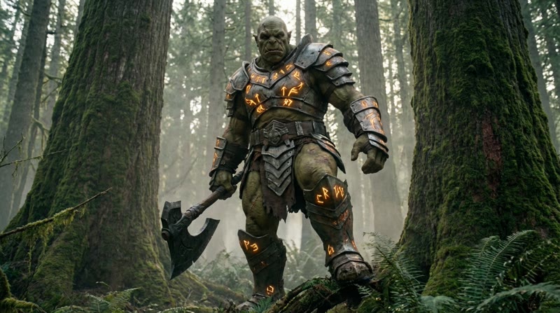 AI-generated orc warrior with amber runes