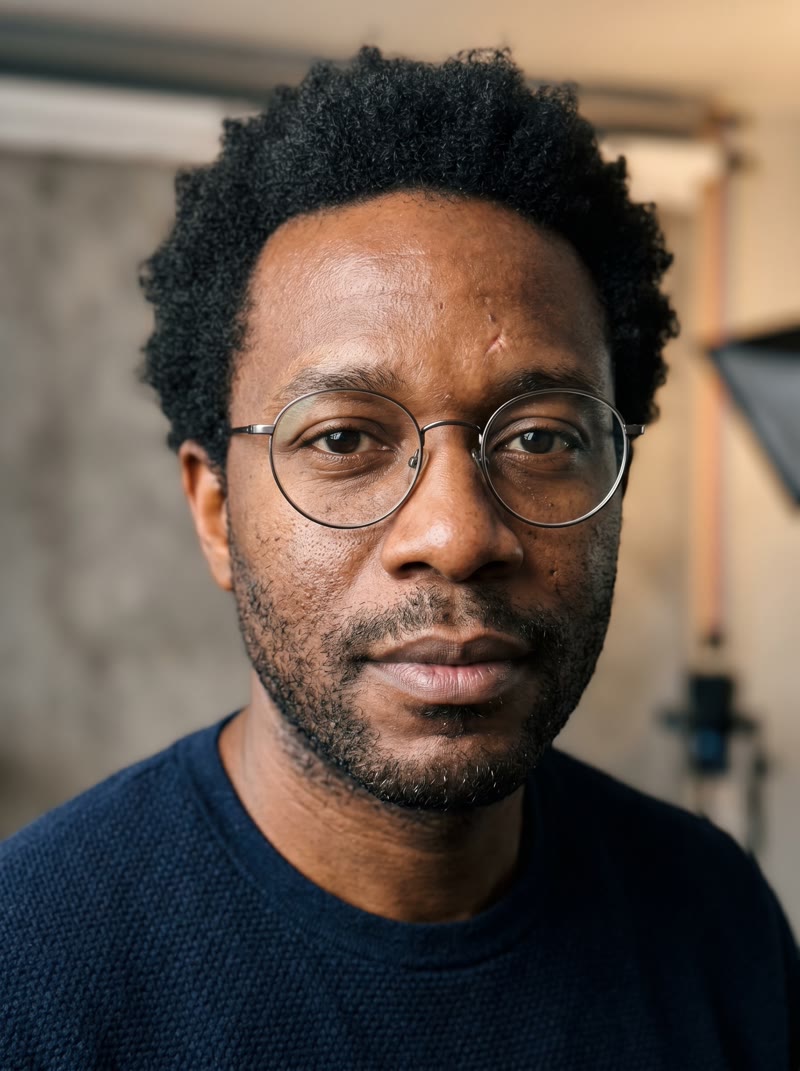 AI character — studio portrait of a Black man with glasses